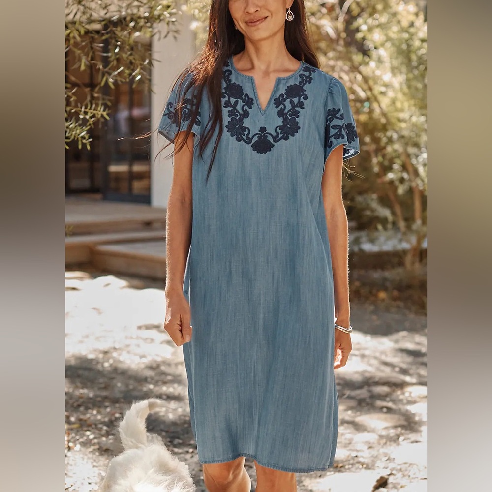 J Jill Denim Embroidered Chambray Indigo Flutter Sleeve Dress Nantucket Coastal